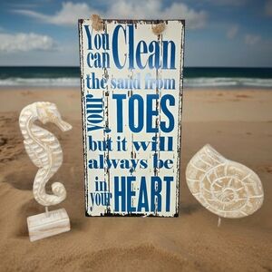 Beach Trio Faux Wood Distressed Sea Shell Sea Horse Ocean Saying White & Blue